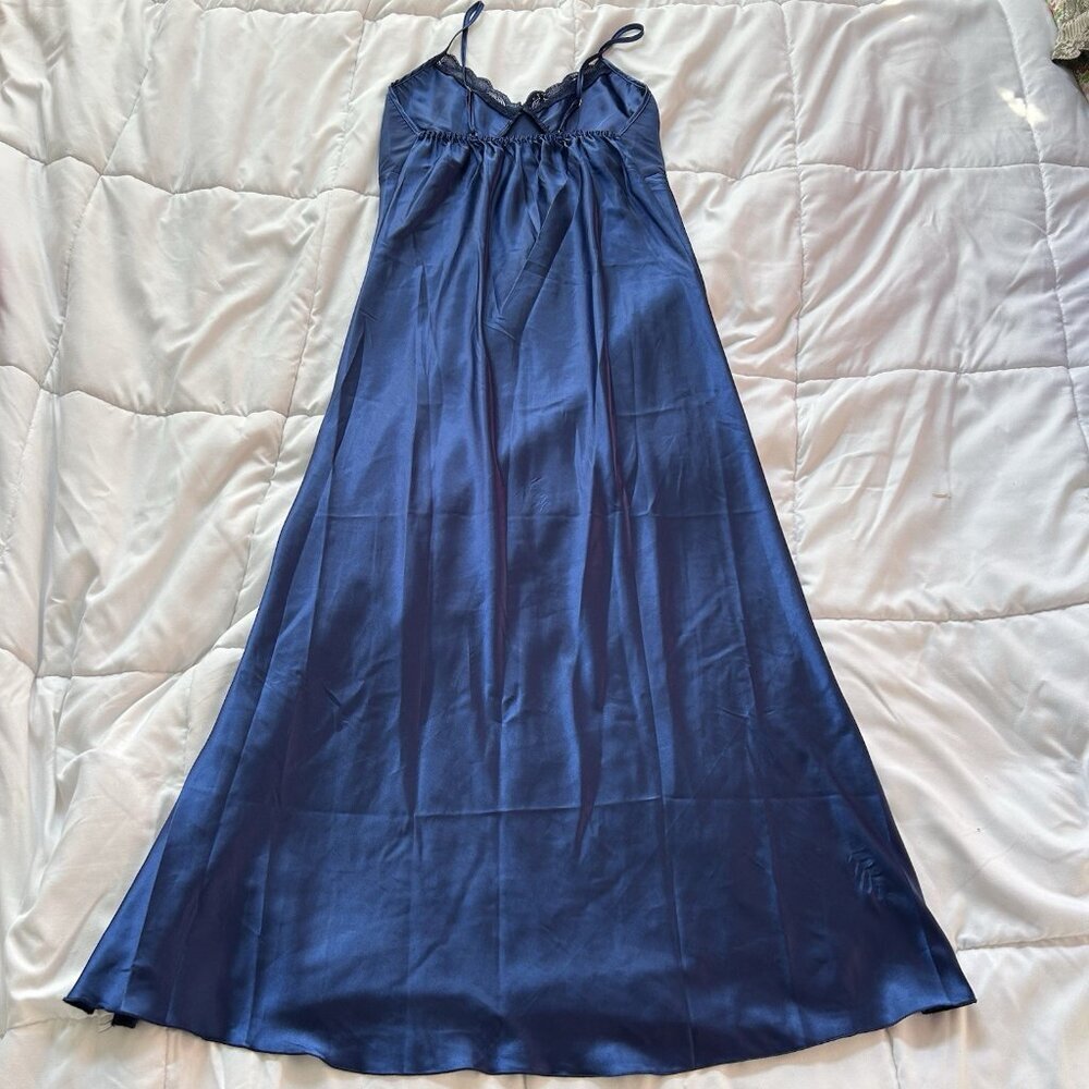 Womens Y2K Retro Blue Maxi Dress Slip Chemise Babydoll L Gown Navy High Slit - Picture 8 of 10